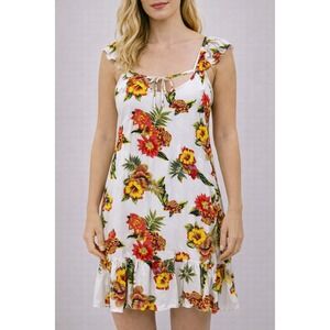 Salty Lemon Floral Print Dress Sleeveless Tie Back Ruffle Hem White Small